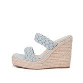 Lässige Espadrilles mit geflochtenem Plateau-Keilabsatz und quadratischer Zehenpartie - Blau